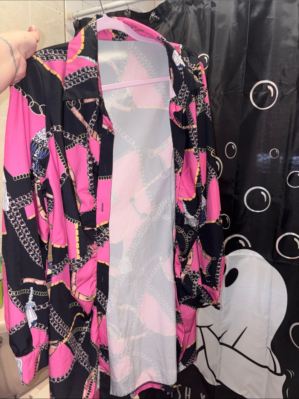 Women's Pink & Black Chain-Print Button up Dress